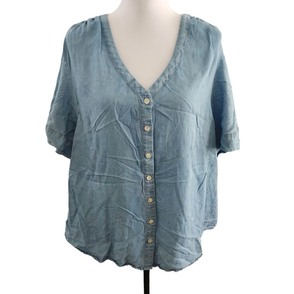 Workshop Republic Clothing Denim Chambray V Neck Button Front Top Women 1X